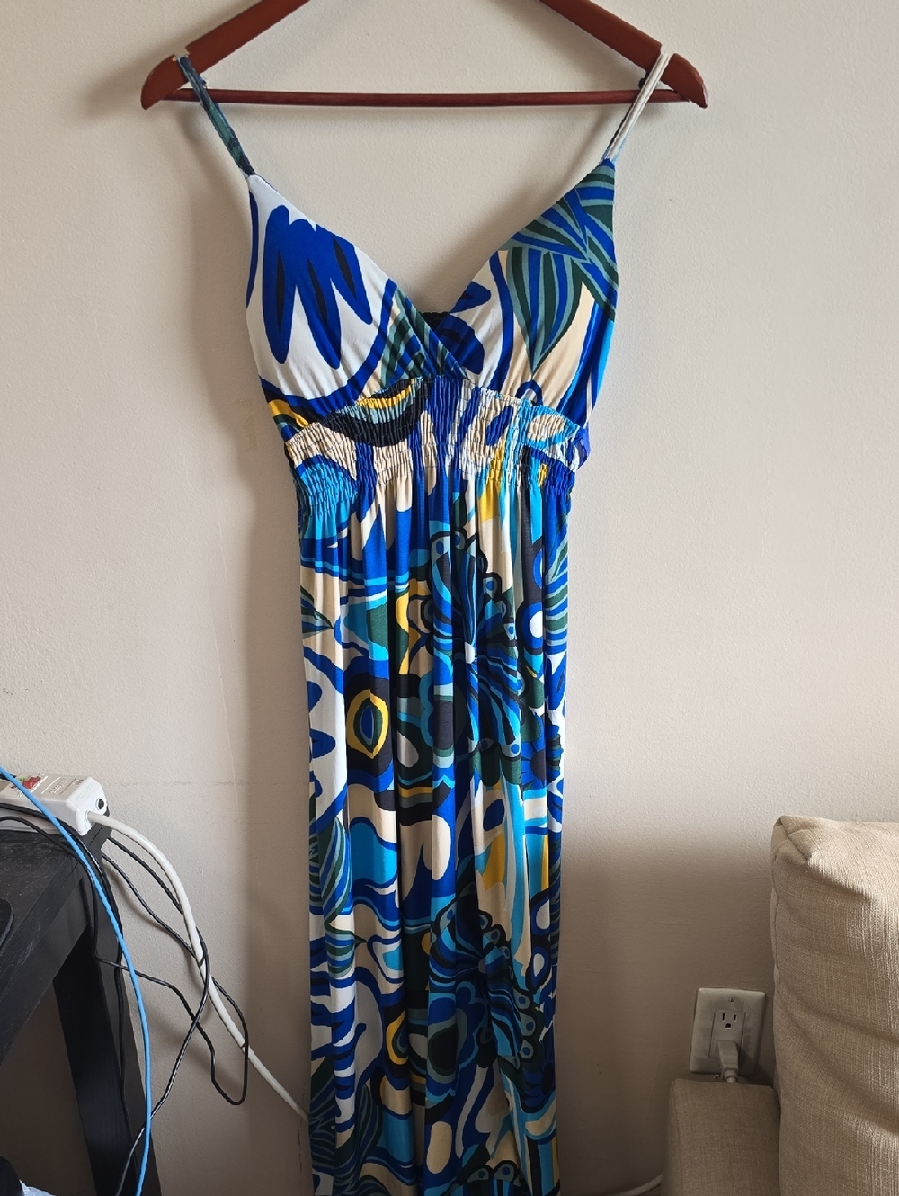 Speed Control Blue, Teal & White Ruched Neck Maxi Dress